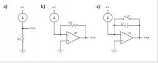 圖2：電流測量電路：電阻（a），互阻抗（b）和積分器（c）